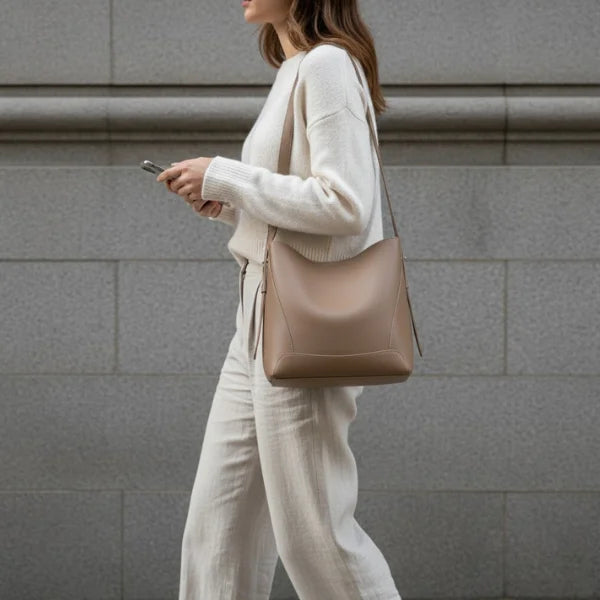 Amara Vegan Leather Bucket Bag in caramel, lifestyle street shot on model showing shoulder drop and everyday size