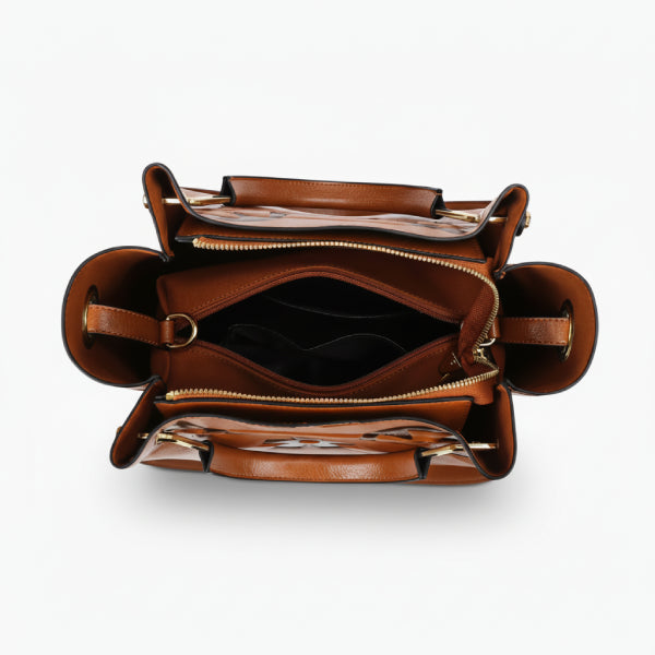 Interior view of Amora embossed vegan leather tote bag in brown with spacious compartments and zipper closure