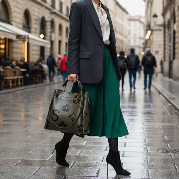 Model carrying Amora embossed vegan leather tote bag in green while walking outdoors in stylish outfit