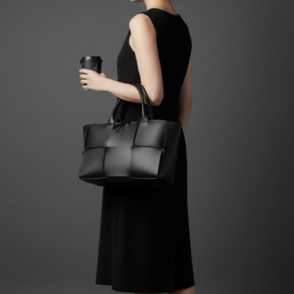 Model carrying Aurelia black genuine leather tote bag with a stylish woven design, holding a coffee cup and wearing a black dress