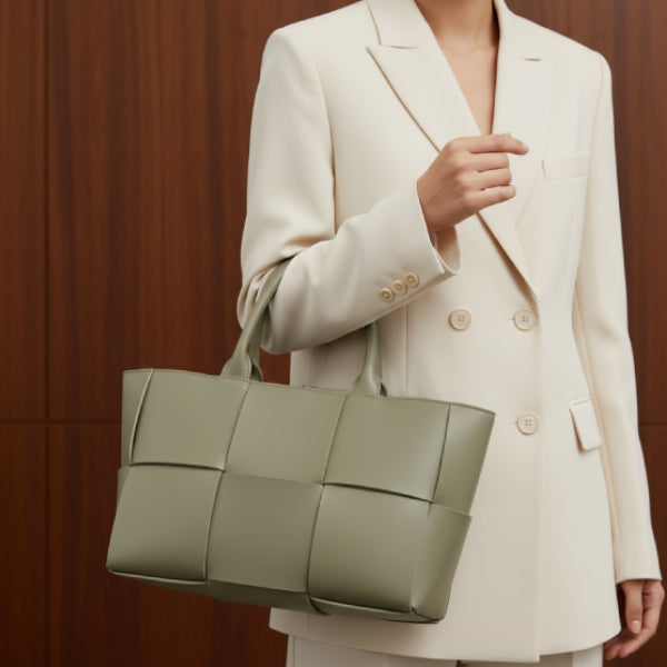 Model carrying Aurelia green genuine leather tote bag with a stylish woven design, dressed in a cream-colored suit in a modern interior