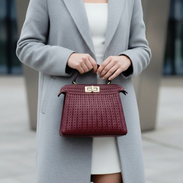 Model showcasing the Aurora vegan leather satchel bag in wine red with a gold clasp, wearing a light grey coat
