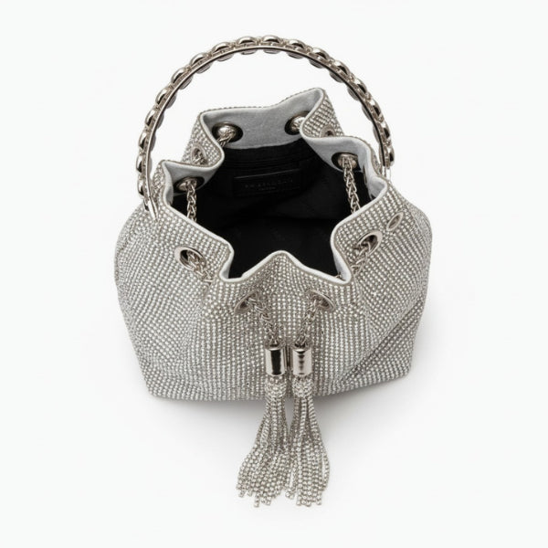 Aveline Rhinestone Crystal Evening Bag in silver, top view of drawstring opening with chain tassels and compact interior
