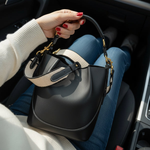 Calypso Vegan Leather Crossbody Bag in black, lifestyle shot with model hand-carrying to show smooth finish, gold hardware, and wide canvas strap