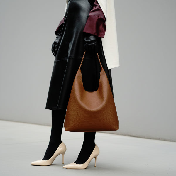 Model holding Elaria vegan leather hobo bag in brown, with a spacious body, smooth finish, and stylish long strap, paired with a chic outfit