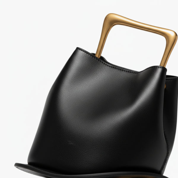 Izelia Genuine Leather Crossbody Bag in black, closeup highlighting sculptural square metal handle and smooth leather finish