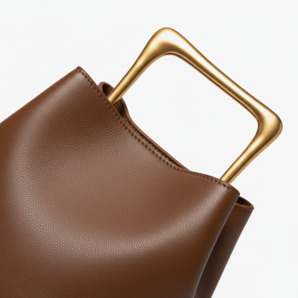 Izelia Genuine Leather Crossbody Bag in brown, closeup highlighting smooth leather and bold gold metal handle