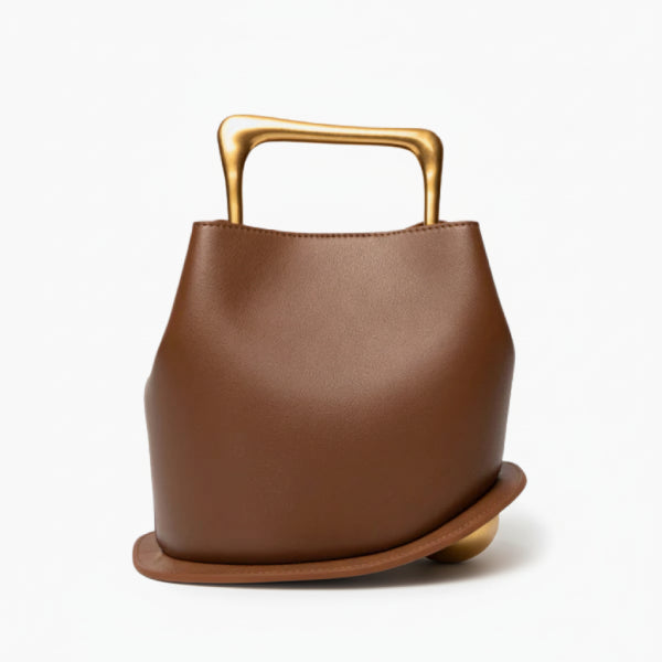 Izelia Genuine Leather Crossbody Bag in brown, front studio view showcasing minimalist curved silhouette with statement metal handle