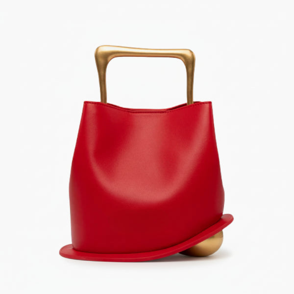 Izelia Genuine Leather Crossbody Bag in red, front studio view showcasing minimalist curved silhouette with bold metal top handle