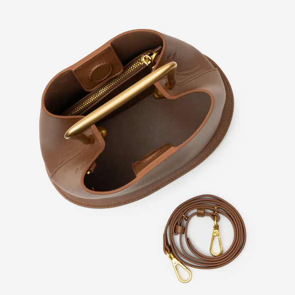 Izelia Genuine Leather Crossbody Bag in brown, top view of interior with gold square handle, zip pocket, and detachable strap