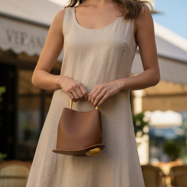 Izelia Genuine Leather Crossbody Bag in brown, lifestyle shot with model hand-carrying to show sculptural base and compact size