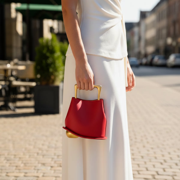 Izelia Genuine Leather Crossbody Bag in red, lifestyle street shot with model hand-carrying to show compact size and statement handle