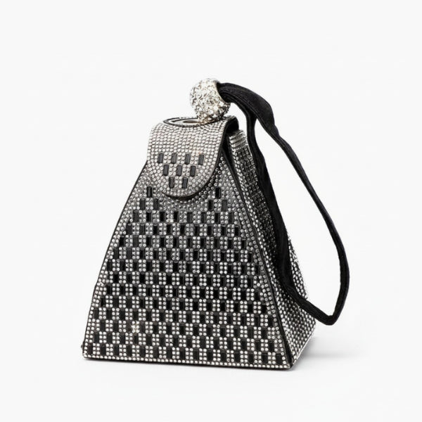 Liora Handmade Crystal Acrylic Evening Bag in black, front studio view showcasing geometric pyramid shape with allover crystals and wrist strap
