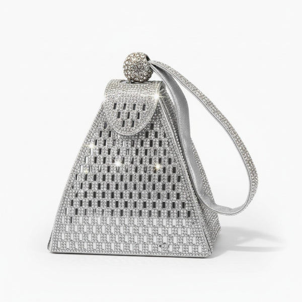 Liora Handmade Crystal Acrylic Evening Bag in silver, front studio view showcasing pyramid silhouette with allover crystals and wrist strap