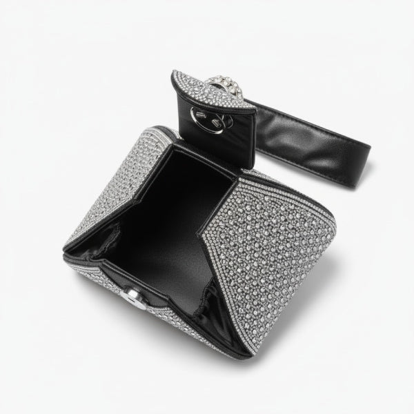 Liora Handmade Crystal Acrylic Evening Bag in black, top view of open interior with crystal-covered flap and wrist strap