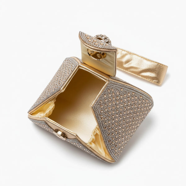 Liora Handmade Crystal Acrylic Evening Bag in gold, top view of open interior with satin lining and crystal-covered flap