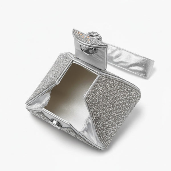 Liora Handmade Crystal Acrylic Evening Bag in silver, top view of open interior with satin lining and crystal-covered flap