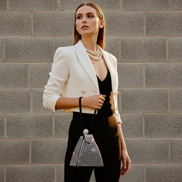 Liora Handmade Crystal Acrylic Evening Bag in black, lifestyle shot with model hand-carrying the pyramid silhouette for evening style