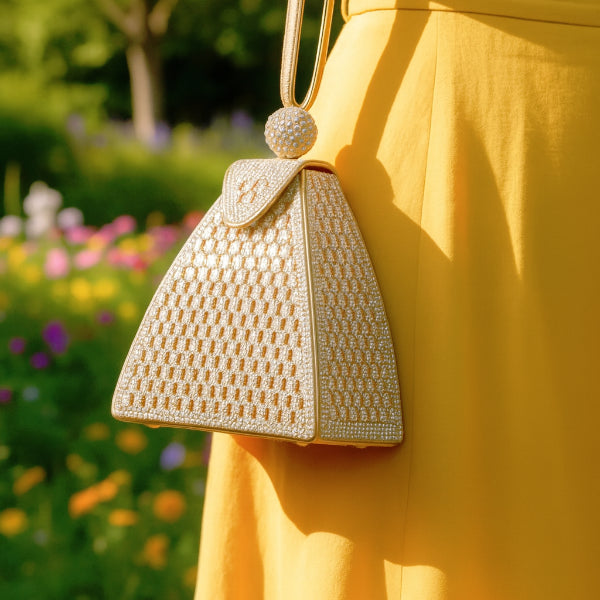 Liora Handmade Crystal Acrylic Evening Bag in gold, lifestyle garden shot on model showing elegant sparkle and compact size