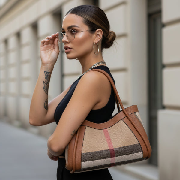 Model wearing a black dress with sunglasses, carrying a brown canvas and leather tote bag with a checkered pattern on a city street