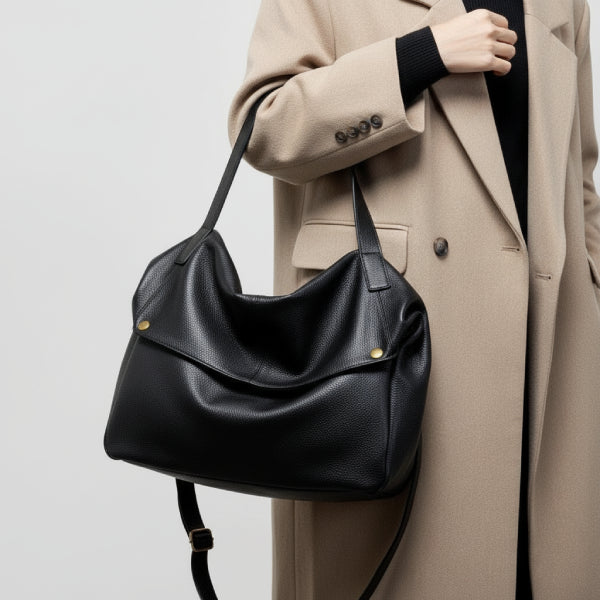 Lunara genuine leather shoulder bag in black worn by model, showcasing its stylish and functional design