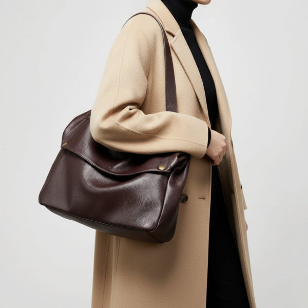 Lunara genuine leather shoulder bag in brown worn by model with a stylish, spacious design and gold-tone button accents