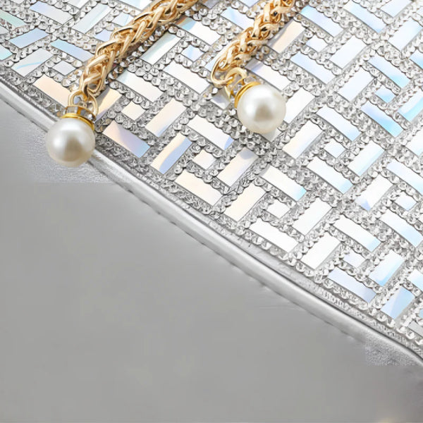 Lyanna Metallic Embellished Bucket Bag in silver, macro detail of iridescent tiles with pearl-tipped gold chain tassels