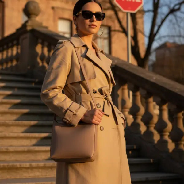 Model wearing Meliora vegan leather shoulder bag in khaki color with adjustable strap and gold buckle