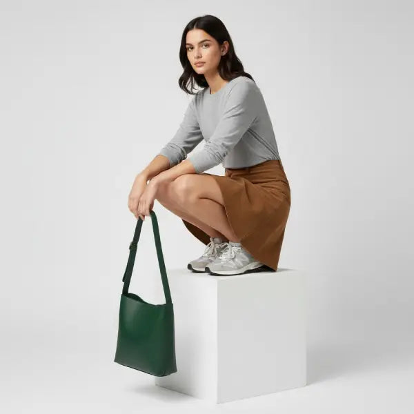 Model showcasing Meliora vegan leather shoulder bag in green color with adjustable strap