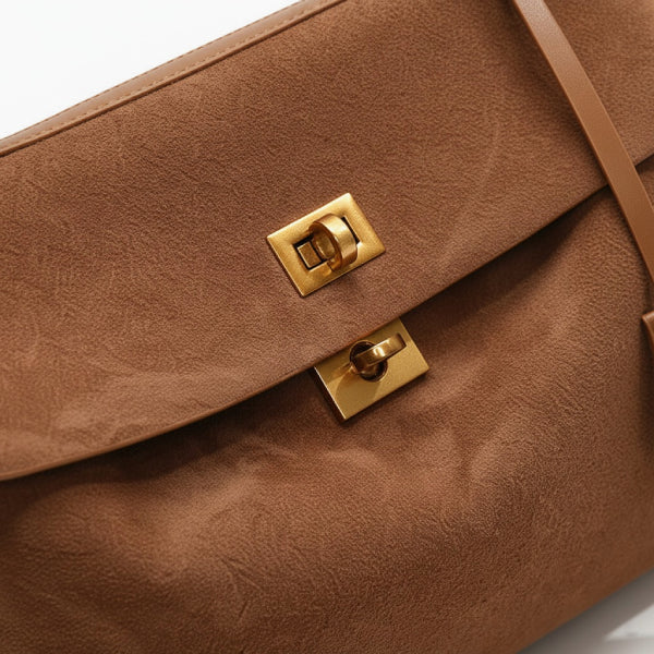 Close-up of brown velvet satchel bag with gold metal clasp and lock detailing