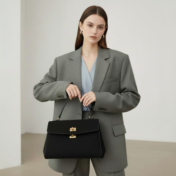 Model in a grey blazer holding a black velvet satchel bag with gold hardware and sleek design