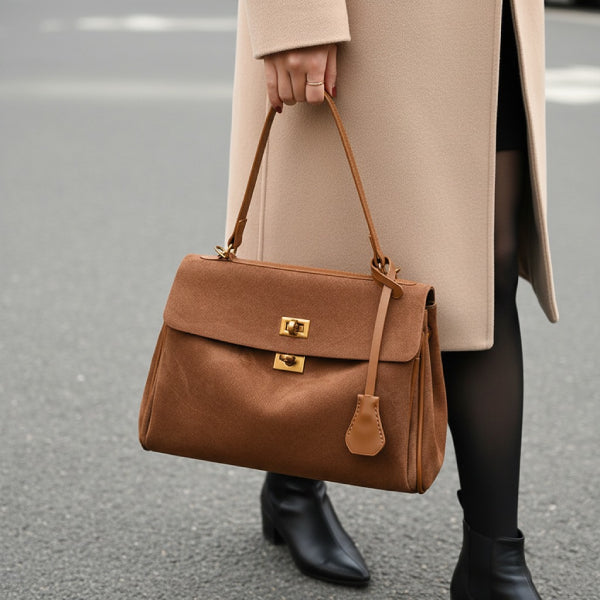 Model wearing a beige coat holding a brown velvet satchel bag with gold accents