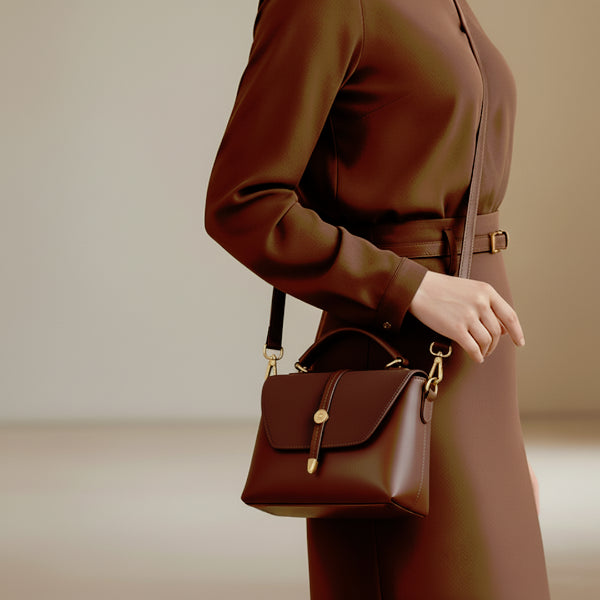 Model wearing a brown vegan leather crossbody bag with gold button closure, top handle, and adjustable strap, styled with a brown dress