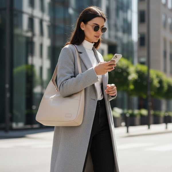 Model wearing Seliora vegan leather shoulder bag in off-white color while walking outdoors in a stylish coat