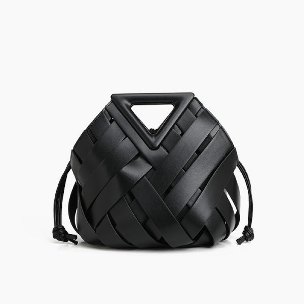 Seren Vegan Leather Bucket Bag in black, front studio view showing sculptural woven body with drawstring sides and triangle top handle