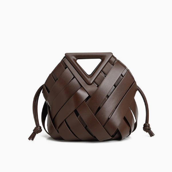 Seren Vegan Leather Bucket Bag in dark brown, front studio view showing sculptural woven body with drawstring sides and triangle handle