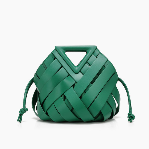 Seren Vegan Leather Bucket Bag in green, front studio view showing sculptural woven body with drawstring sides and triangle handle