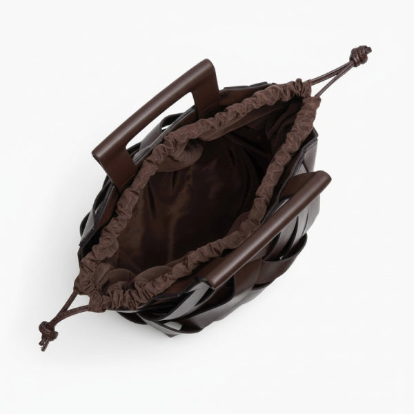 Seren Vegan Leather Bucket Bag in dark brown, top view of interior with drawstring fabric pouch and open compartment