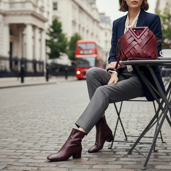 Seren Vegan Leather Bucket Bag in wine red, lifestyle street café shot with model showcasing statement silhouette and crossbody straps