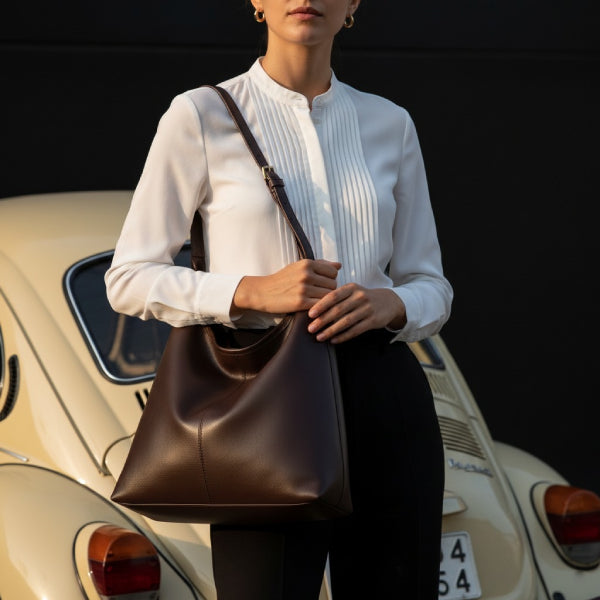 Sorella Vegan Leather Hobo Bag in coffee, lifestyle image with model wearing the shoulder hobo for polished everyday style