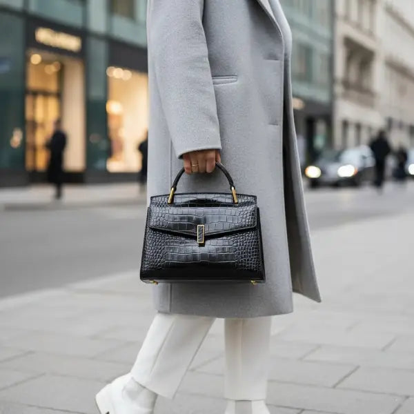 Model wearing a grey coat holding a black crocodile leather satchel bag with gold accents on the street