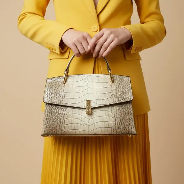 Model wearing a yellow blazer holding a gray crocodile leather satchel bag with gold accents