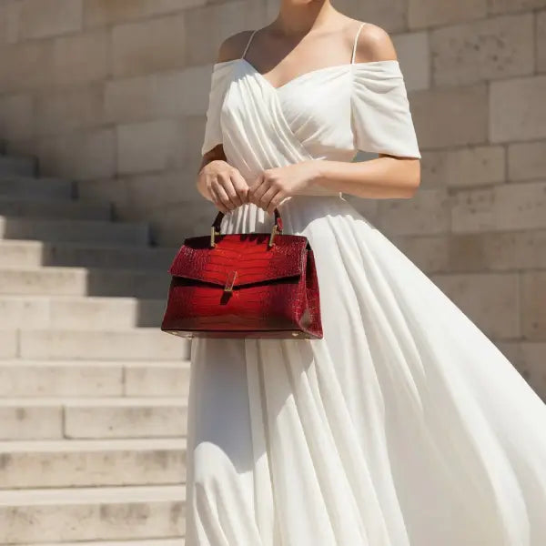 Model wearing a white dress holding a red crocodile leather satchel bag with gold accents