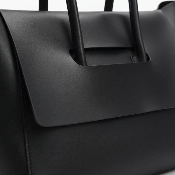 Close-up of black vegan leather tote bag, featuring sleek design with a smooth finish and minimalistic flap closure