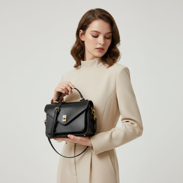 Model in a beige dress holding a black genuine leather satchel bag with gold-tone hardware, perfect for a chic and polished look
