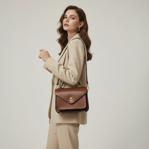 Model in a beige suit carrying a brown genuine leather satchel bag with a gold-tone clasp, perfect for a polished and sophisticated look