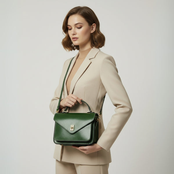 Model in a beige suit holding a green genuine leather satchel bag with a gold-tone clasp, combining bold color and sophisticated design