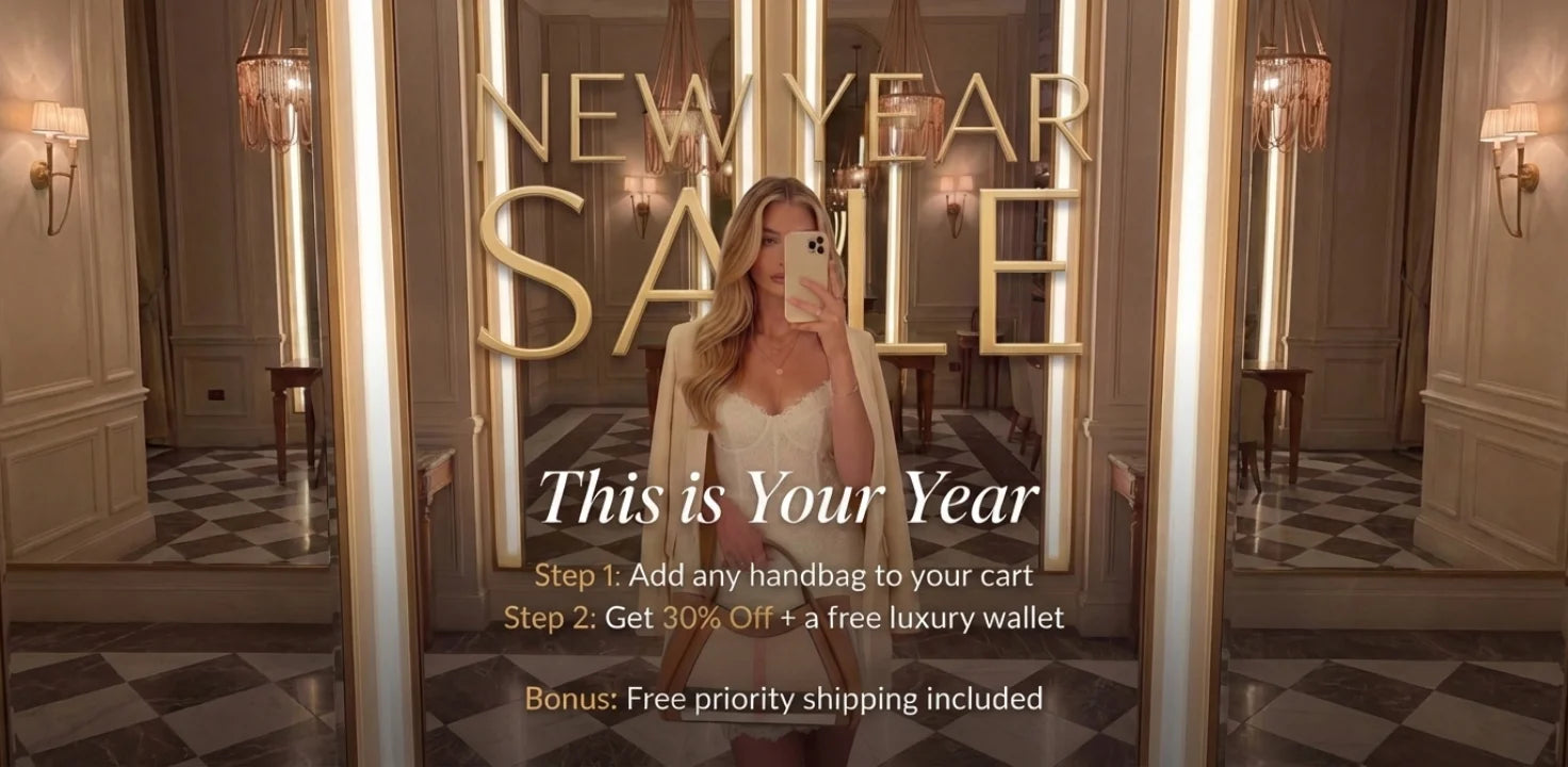 Woman taking a mirror selfie in a luxurious interior setting with 'New Year Sale' text overlay.