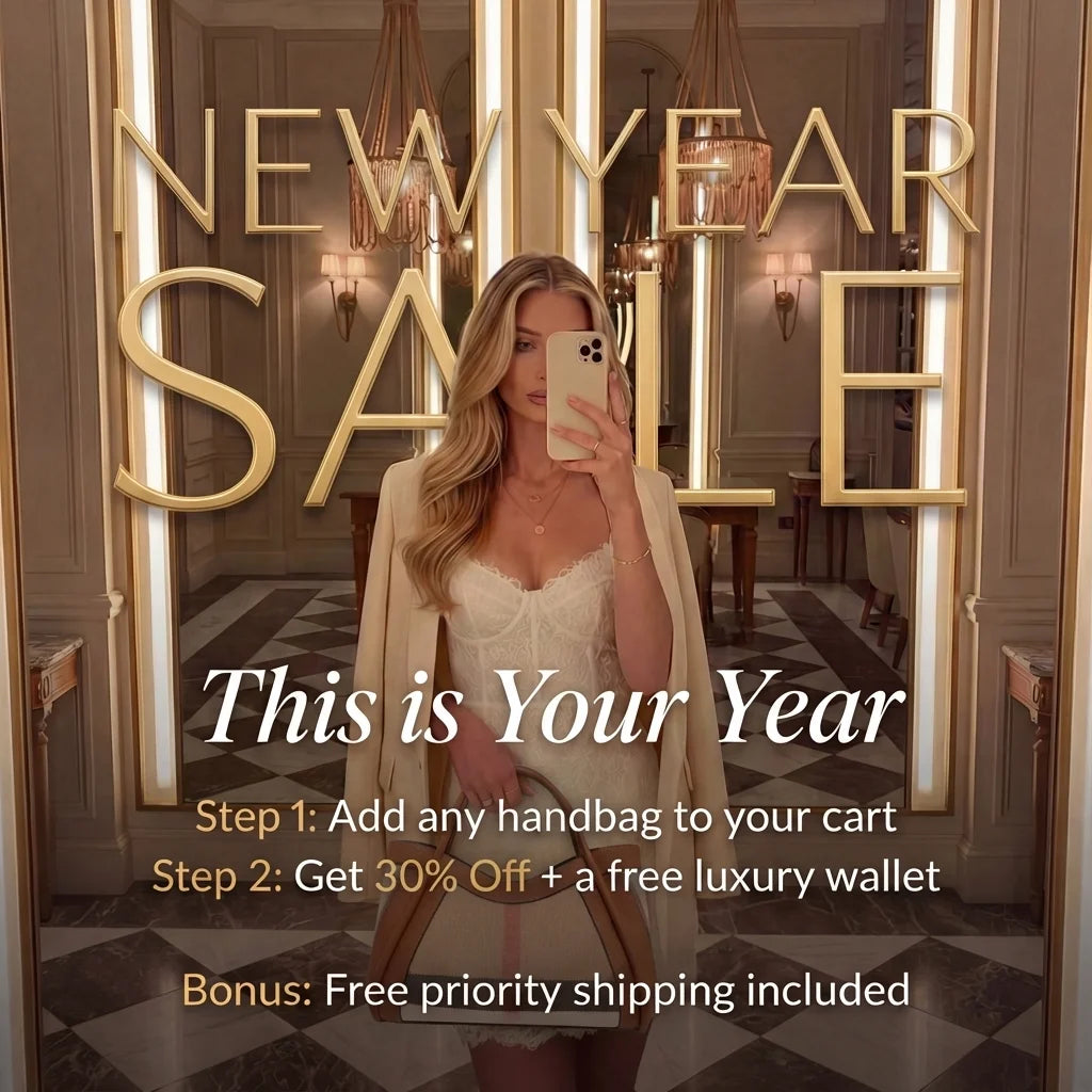 Woman taking a mirror selfie in an elegant interior setting with 'New Year Sale' text overlay.