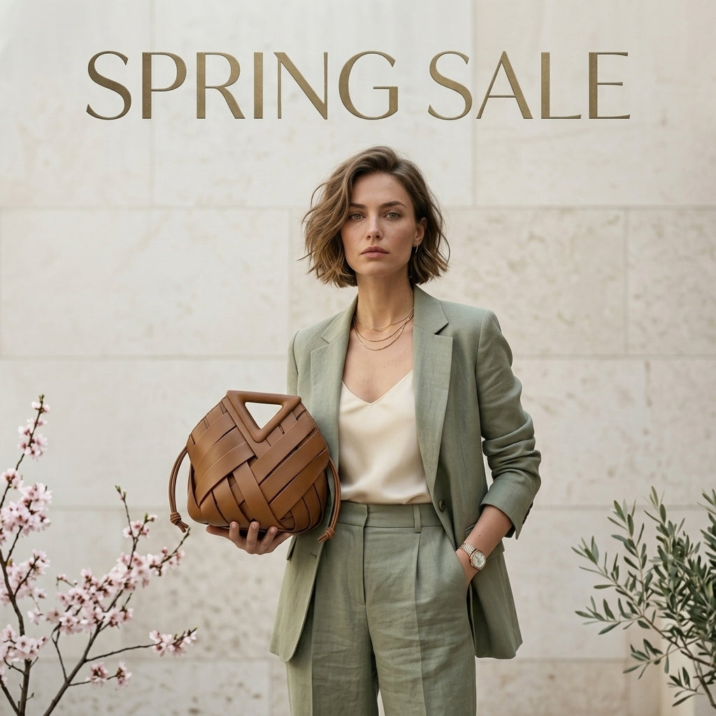 Woman holding a woven brown bag with 'Spring Sale' text on a light background